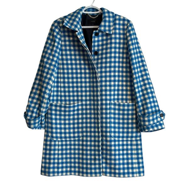 JCrew Blue White Gingham Womens Sz 10 100% wool Plaid Car Coat Feminine Cottage - Picture 1 of 16
